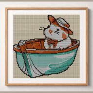 hamster-boat framed cross stitch mockup, realistic finished embroidery design, PDF pattern digital download
