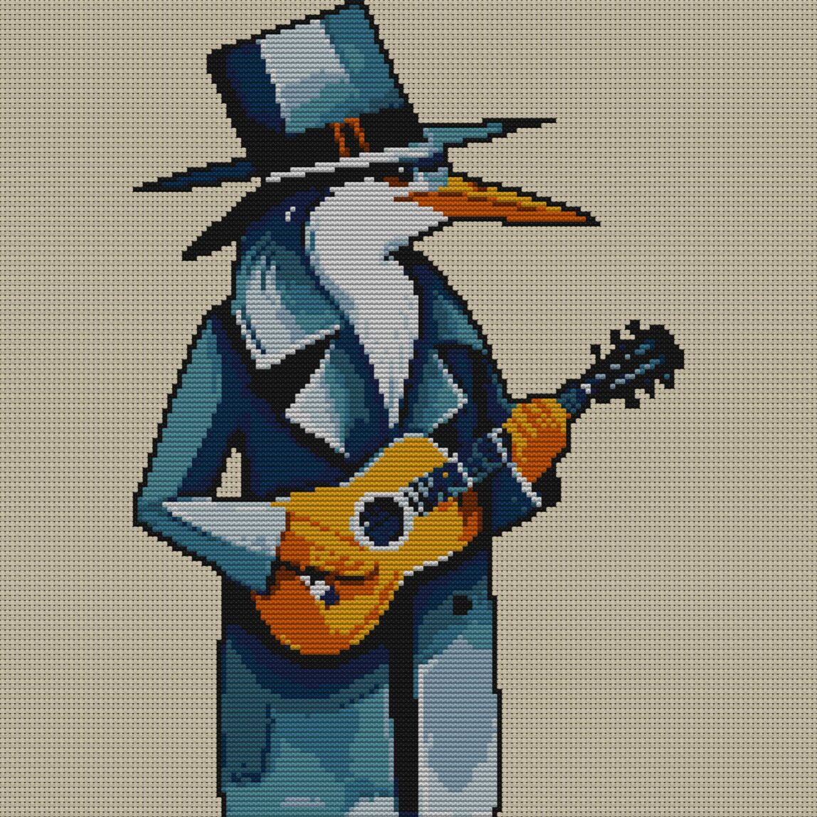 heron-guitar full cross stitch design mockup without frame, realistic embroidery preview