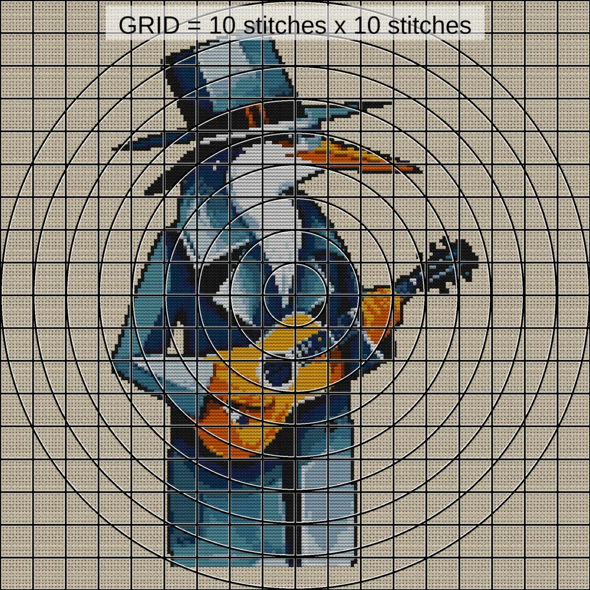 heron-guitar close-up cross stitch detail showing color changes, confetti areas and stitch texture