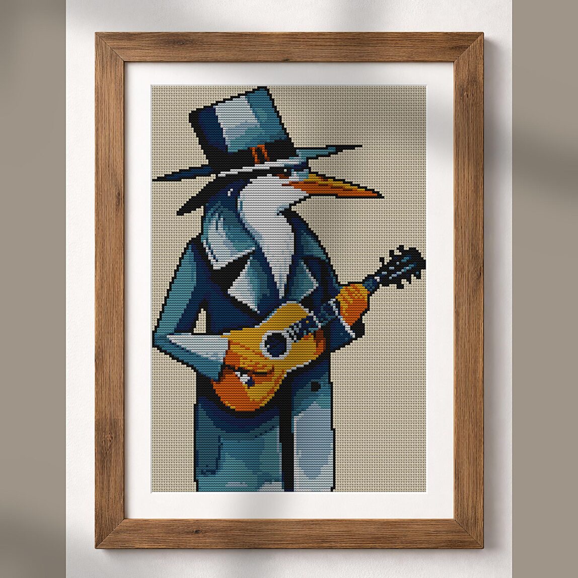 heron-guitar alternative framed cross stitch mockup, realistic finished embroidery presentation