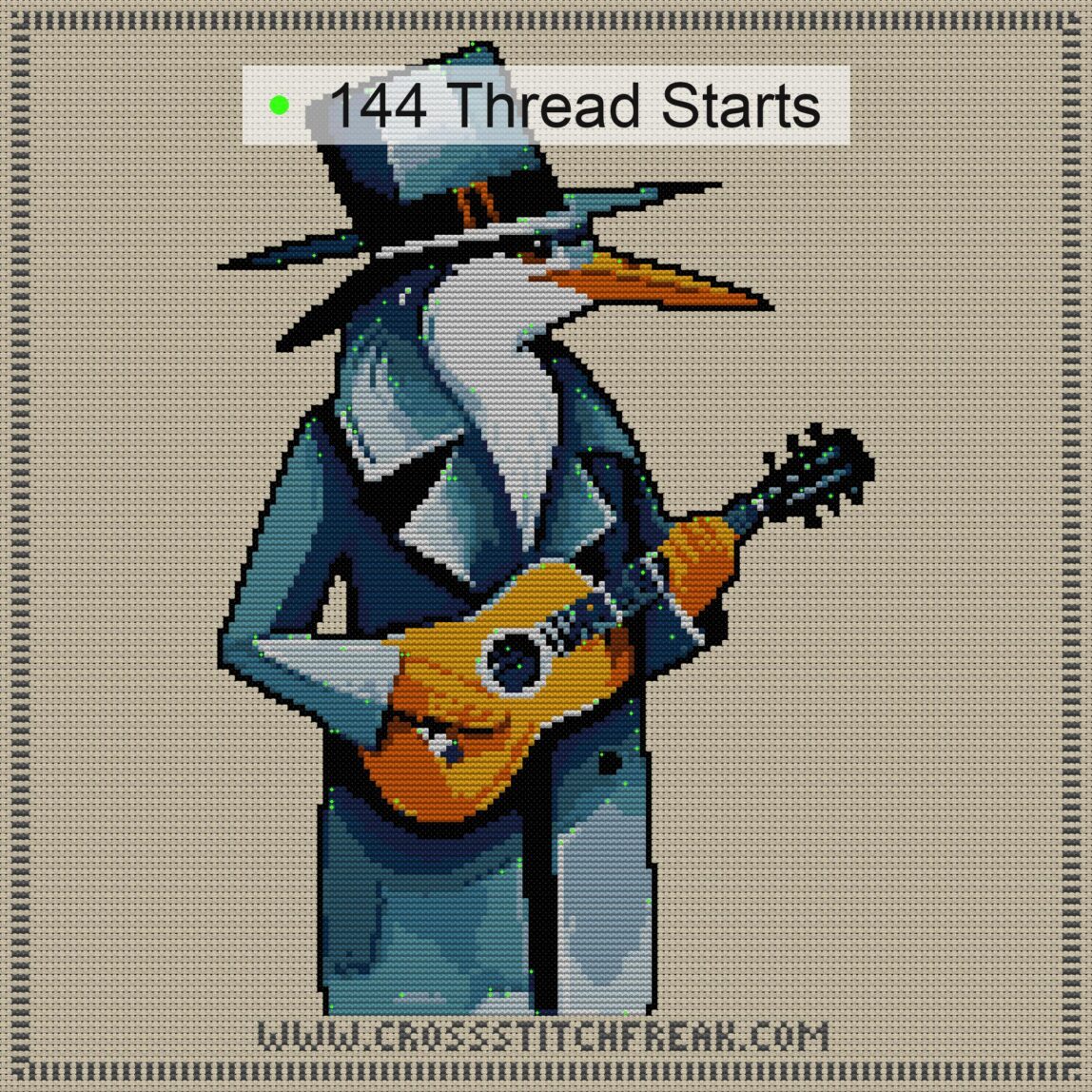 heron-guitar cross stitch start point map with highlighted thread start positions in the full design