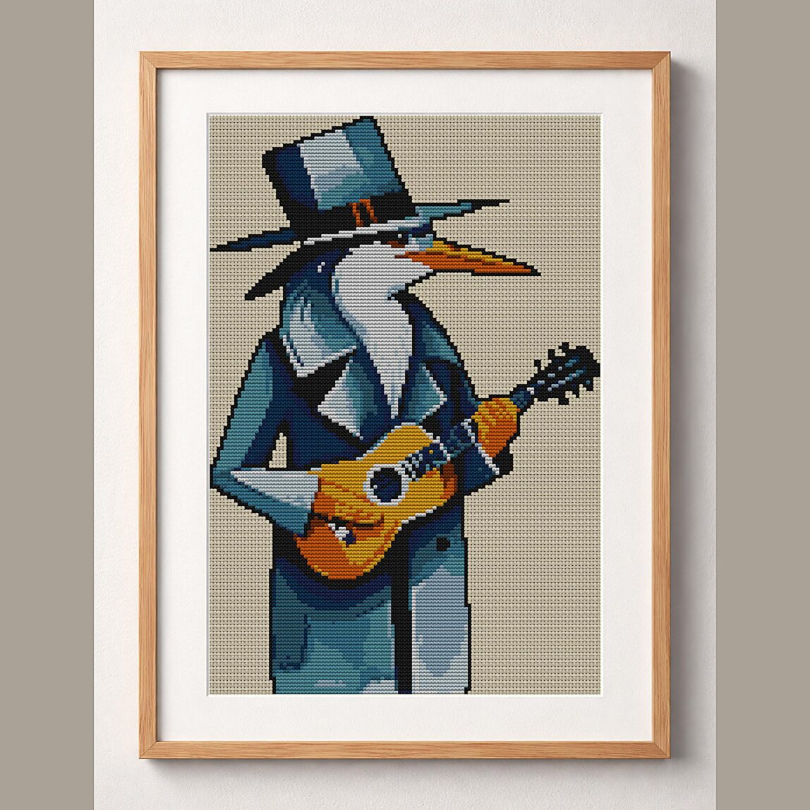 heron-guitar framed cross stitch mockup, realistic finished embroidery design, PDF pattern digital download