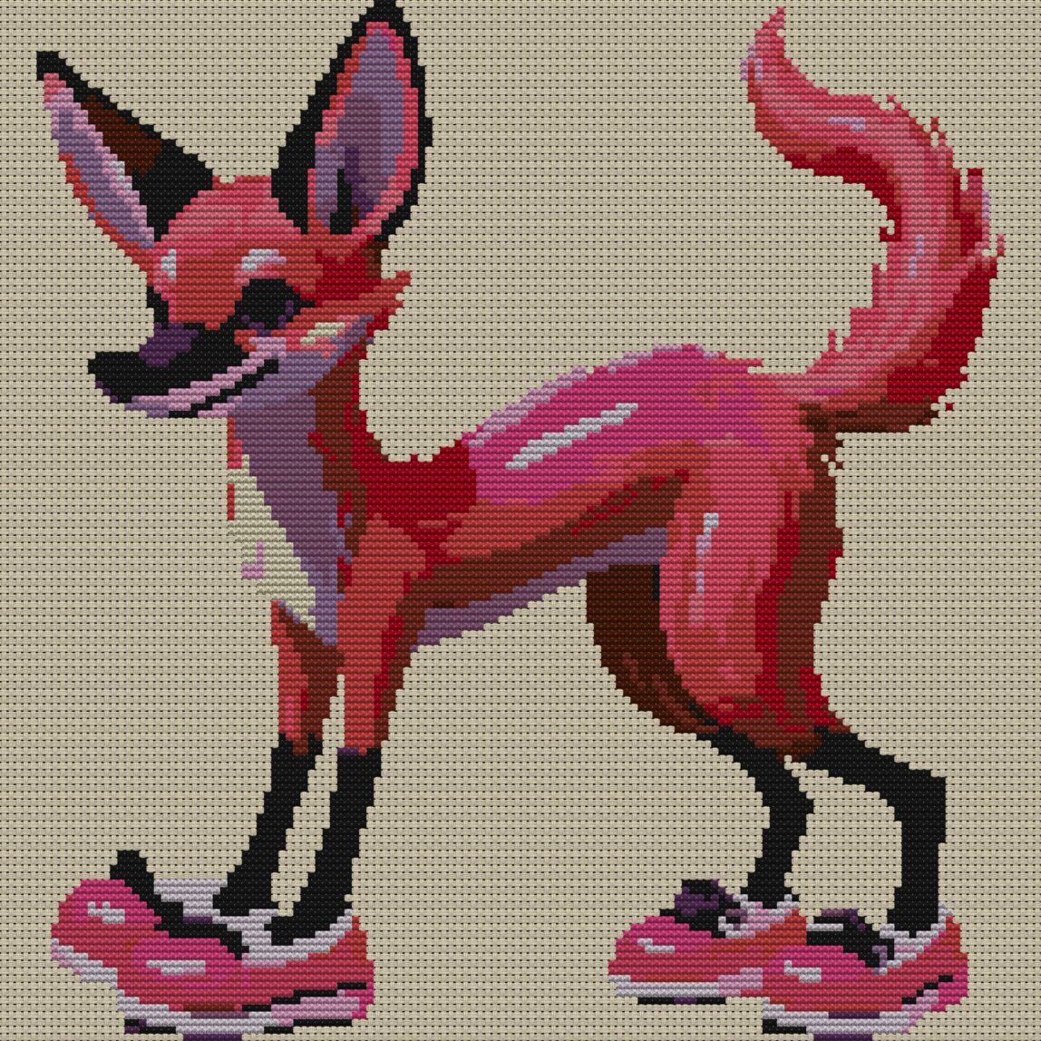 cool-pink-fox full cross stitch design mockup without frame, realistic embroidery preview