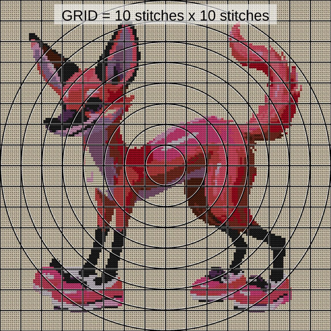 cool-pink-fox close-up cross stitch detail showing color changes, confetti areas and stitch texture