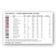 cool-pink-fox thread color chart with DMC, Anchor, Sullivans, J&P Coats and Maxi color references