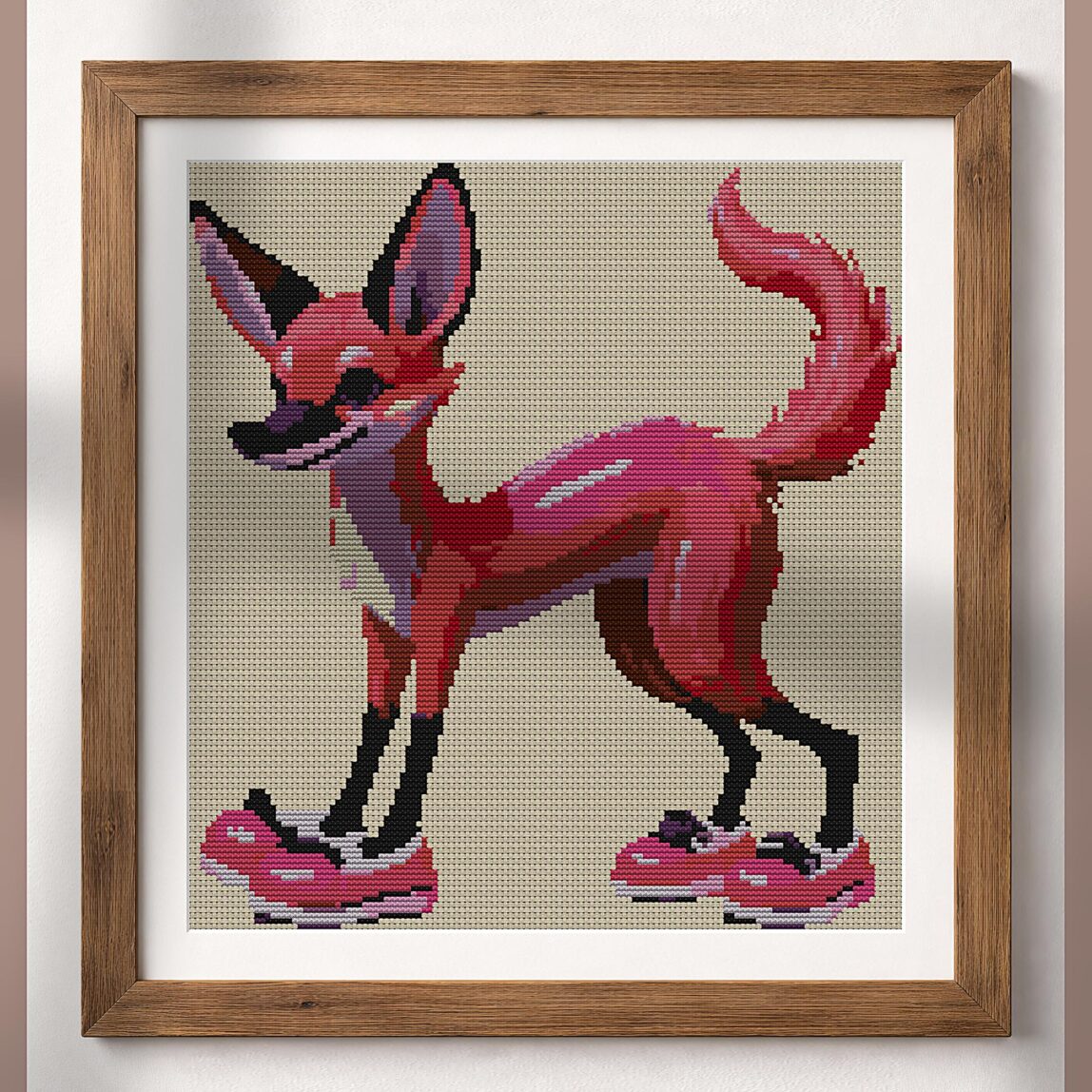 cool-pink-fox alternative framed cross stitch mockup, realistic finished embroidery presentation