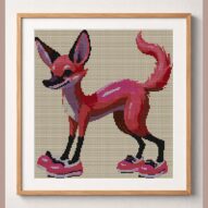 cool-pink-fox framed cross stitch mockup, realistic finished embroidery design, PDF pattern digital download