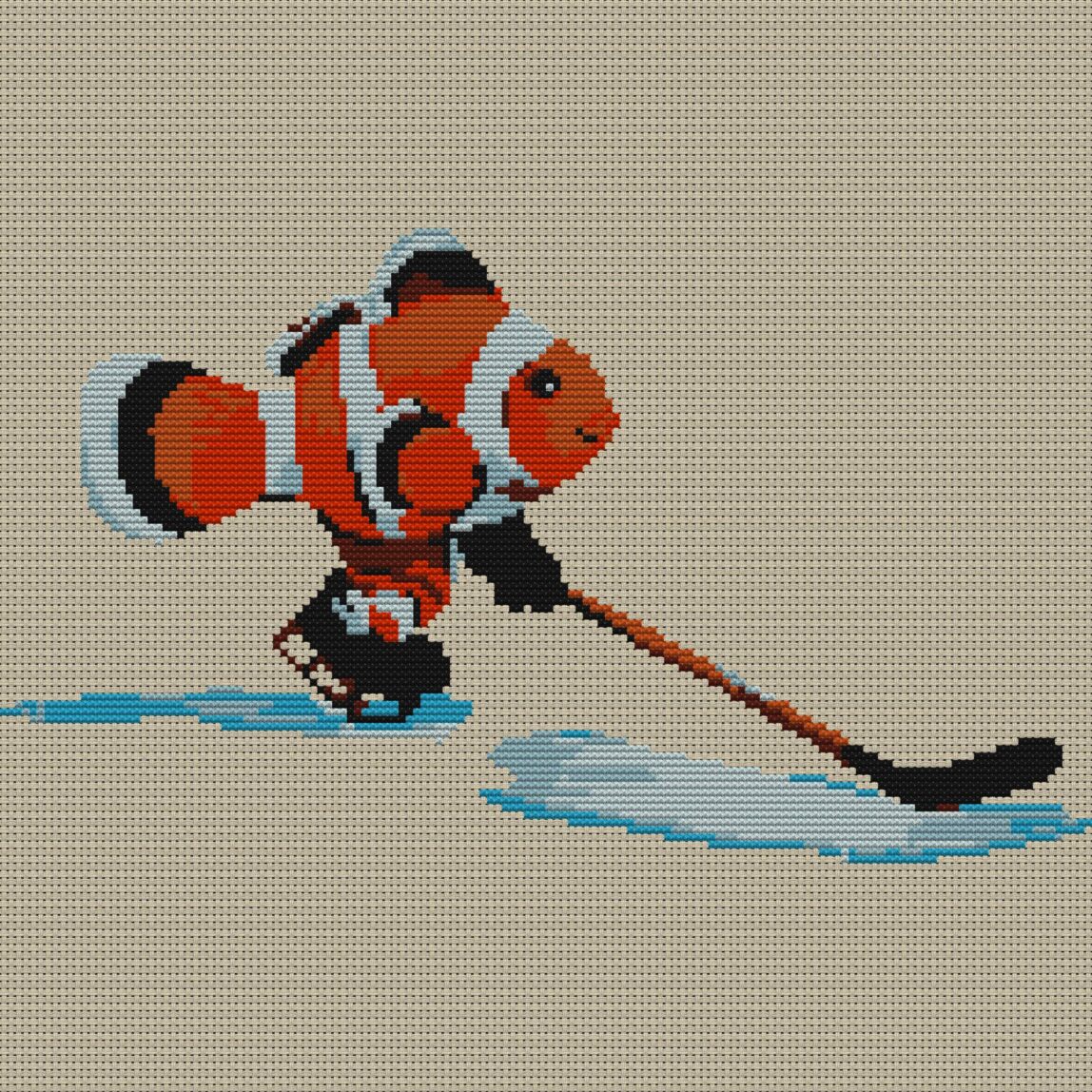 clownfish-hockey full cross stitch design mockup without frame, realistic embroidery preview