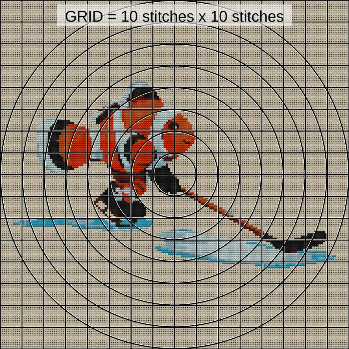 clownfish-hockey close-up cross stitch detail showing color changes, confetti areas and stitch texture