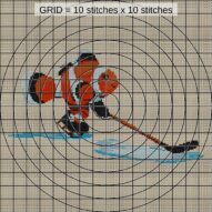 clownfish-hockey close-up cross stitch detail showing color changes, confetti areas and stitch texture