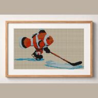 clownfish-hockey framed cross stitch mockup, realistic finished embroidery design, PDF pattern digital download