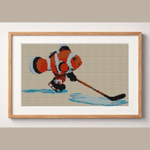 clownfish-hockey framed cross stitch mockup, realistic finished embroidery design, PDF pattern digital download