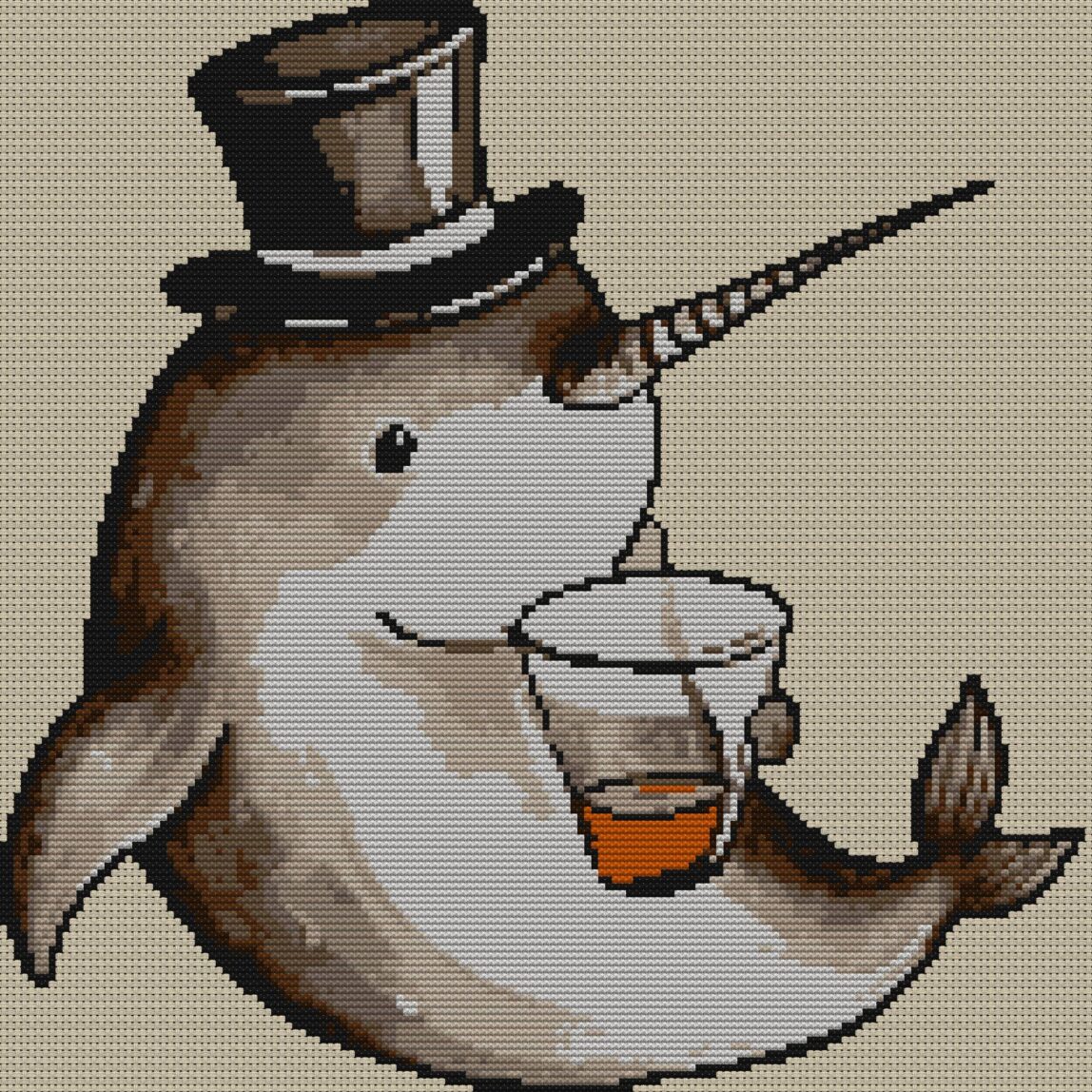 narwhal-magician-drink full cross stitch design mockup without frame, realistic embroidery preview