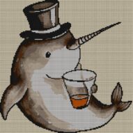 narwhal-magician-drink full cross stitch design mockup without frame, realistic embroidery preview