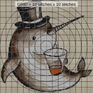 narwhal-magician-drink close-up cross stitch detail showing color changes, confetti areas and stitch texture