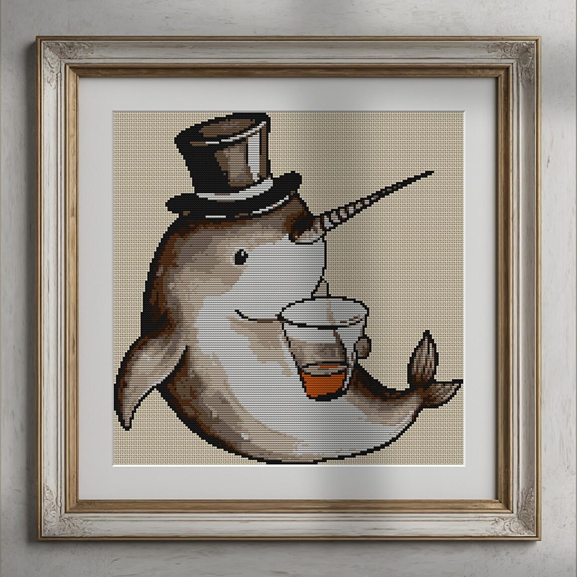 narwhal-magician-drink alternative framed cross stitch mockup, realistic finished embroidery presentation