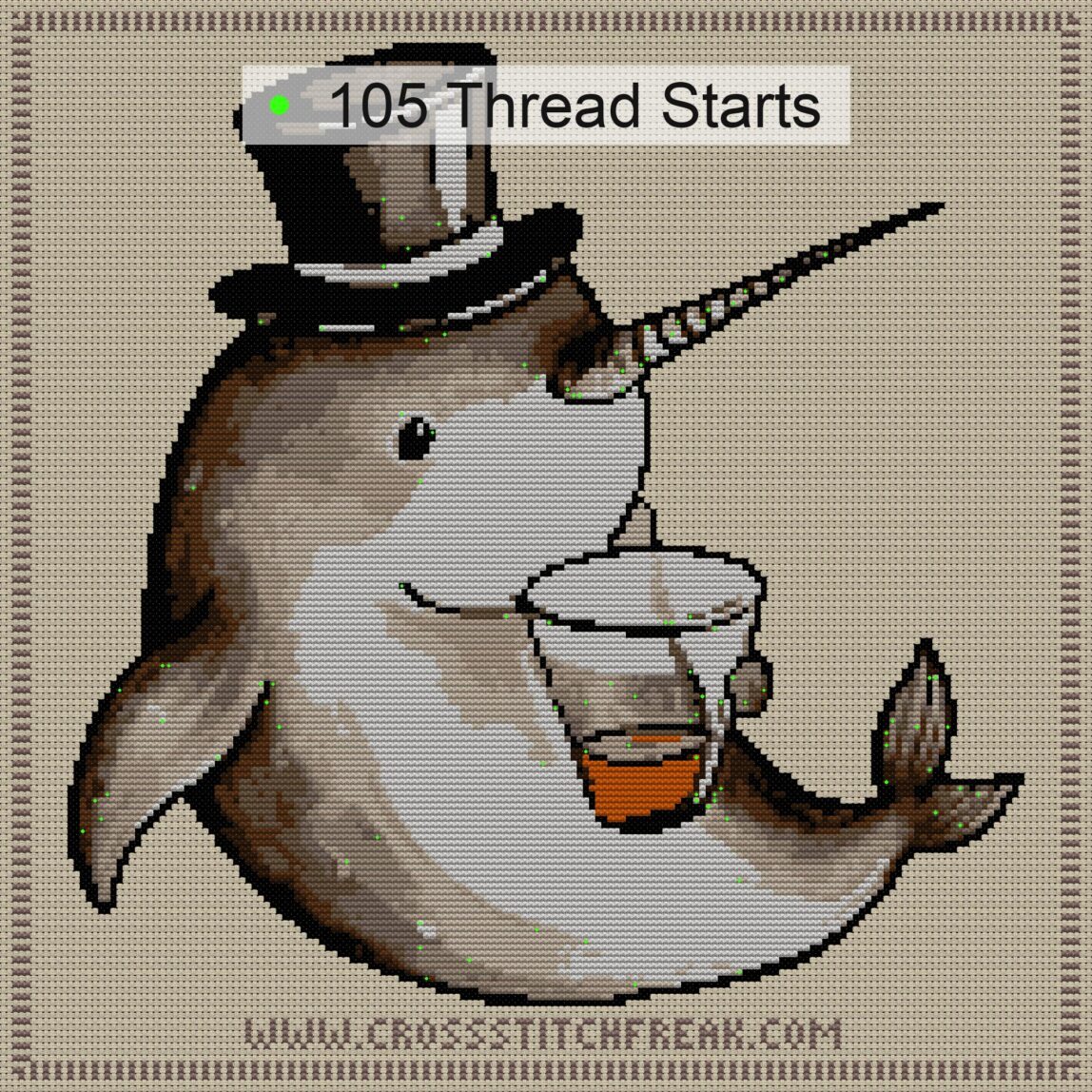 narwhal-magician-drink cross stitch start point map with highlighted thread start positions in the full design