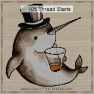 narwhal-magician-drink cross stitch start point map with highlighted thread start positions in the full design