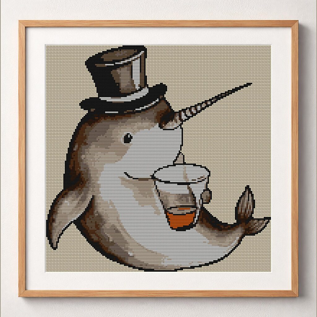 narwhal-magician-drink framed cross stitch mockup, realistic finished embroidery design, PDF pattern digital download