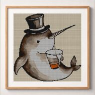 narwhal-magician-drink framed cross stitch mockup, realistic finished embroidery design, PDF pattern digital download
