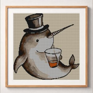 narwhal-magician-drink framed cross stitch mockup, realistic finished embroidery design, PDF pattern digital download