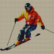 downhill-skier full cross stitch design mockup without frame, realistic embroidery preview