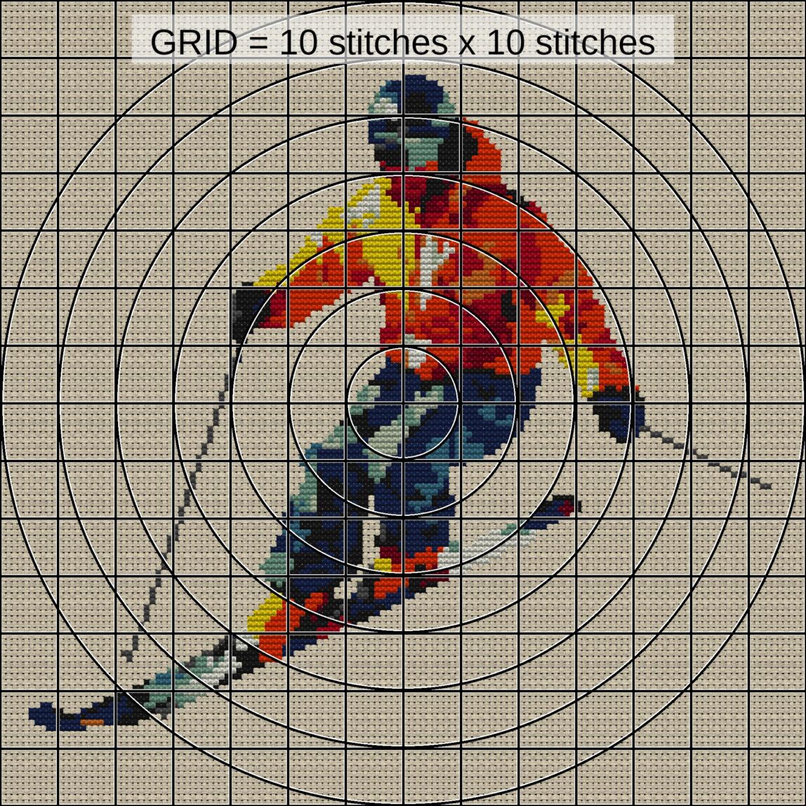downhill-skier zoomed stitching detail downhill-skier close-up cross stitch detail showing color changes, confetti areas and stitch texture