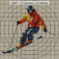 downhill-skier close-up cross stitch detail showing color changes, confetti areas and stitch texture