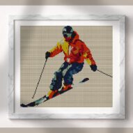downhill-skier alternative framed cross stitch mockup, realistic finished embroidery presentation