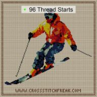 downhill-skier cross stitch start point map with highlighted thread start positions in the full design