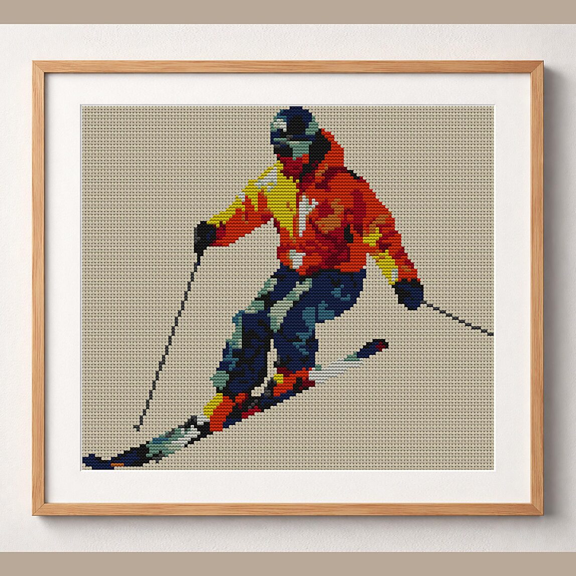 downhill-skier framed cross stitch mockup downhill-skier framed cross stitch mockup, realistic finished embroidery design, PDF pattern digital download