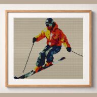 downhill-skier framed cross stitch mockup, realistic finished embroidery design, PDF pattern digital download