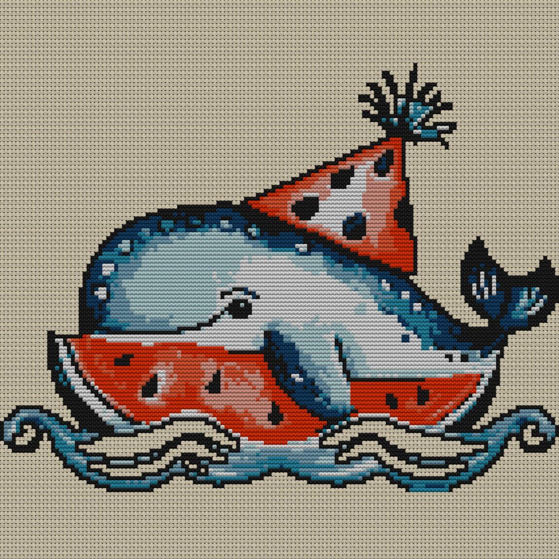 whale-watermelon-party full design mockup without frame whale-watermelon-party full cross stitch design mockup without frame, realistic embroidery preview