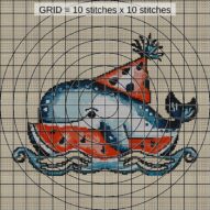 whale-watermelon-party close-up cross stitch detail showing color changes, confetti areas and stitch texture