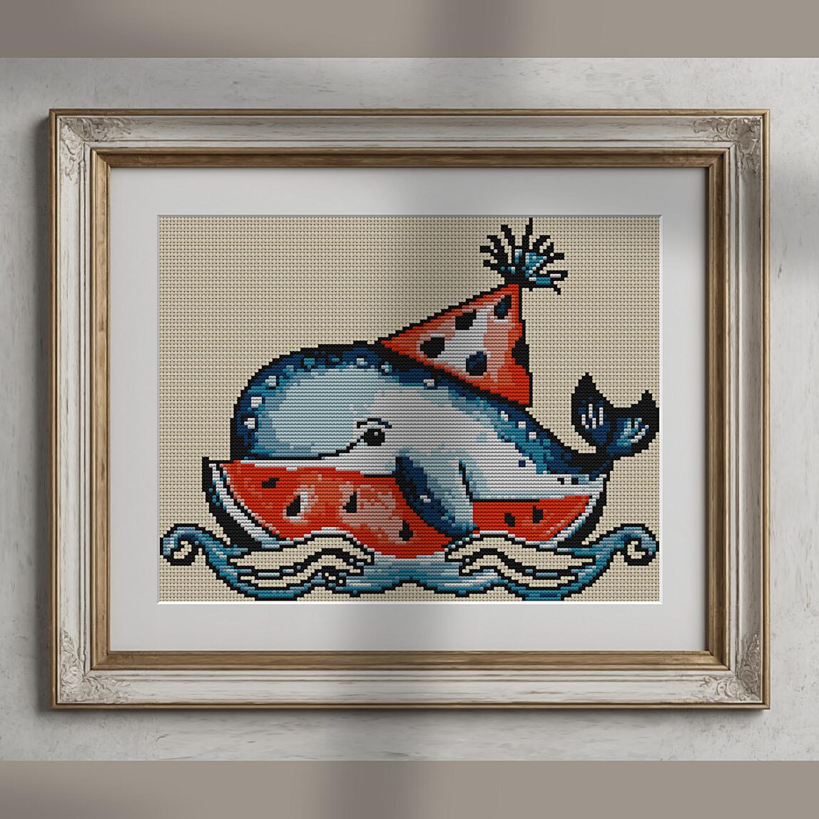 whale-watermelon-party alternative framed mockup whale-watermelon-party alternative framed cross stitch mockup, realistic finished embroidery presentation