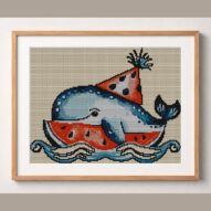 whale-watermelon-party framed cross stitch mockup, realistic finished embroidery design, PDF pattern digital download