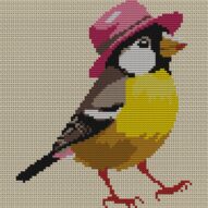 yellow-bird-pink-hat full cross stitch design mockup without frame, realistic embroidery preview