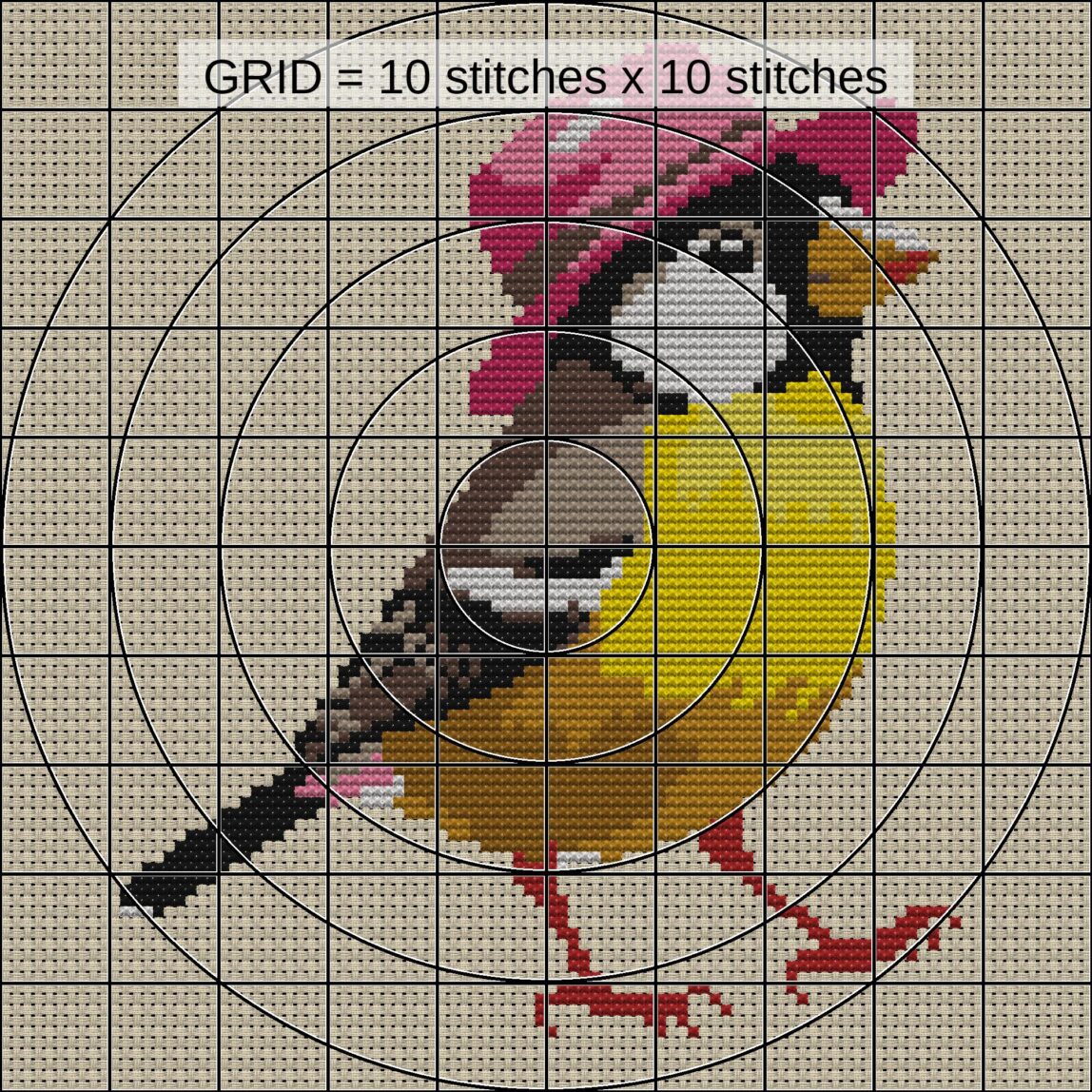 yellow-bird-pink-hat zoomed stitching detail yellow-bird-pink-hat close-up cross stitch detail showing color changes, confetti areas and stitch texture