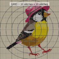 yellow-bird-pink-hat close-up cross stitch detail showing color changes, confetti areas and stitch texture