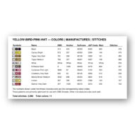 yellow-bird-pink-hat thread color chart with DMC, Anchor, Sullivans, J&P Coats and Maxi color references