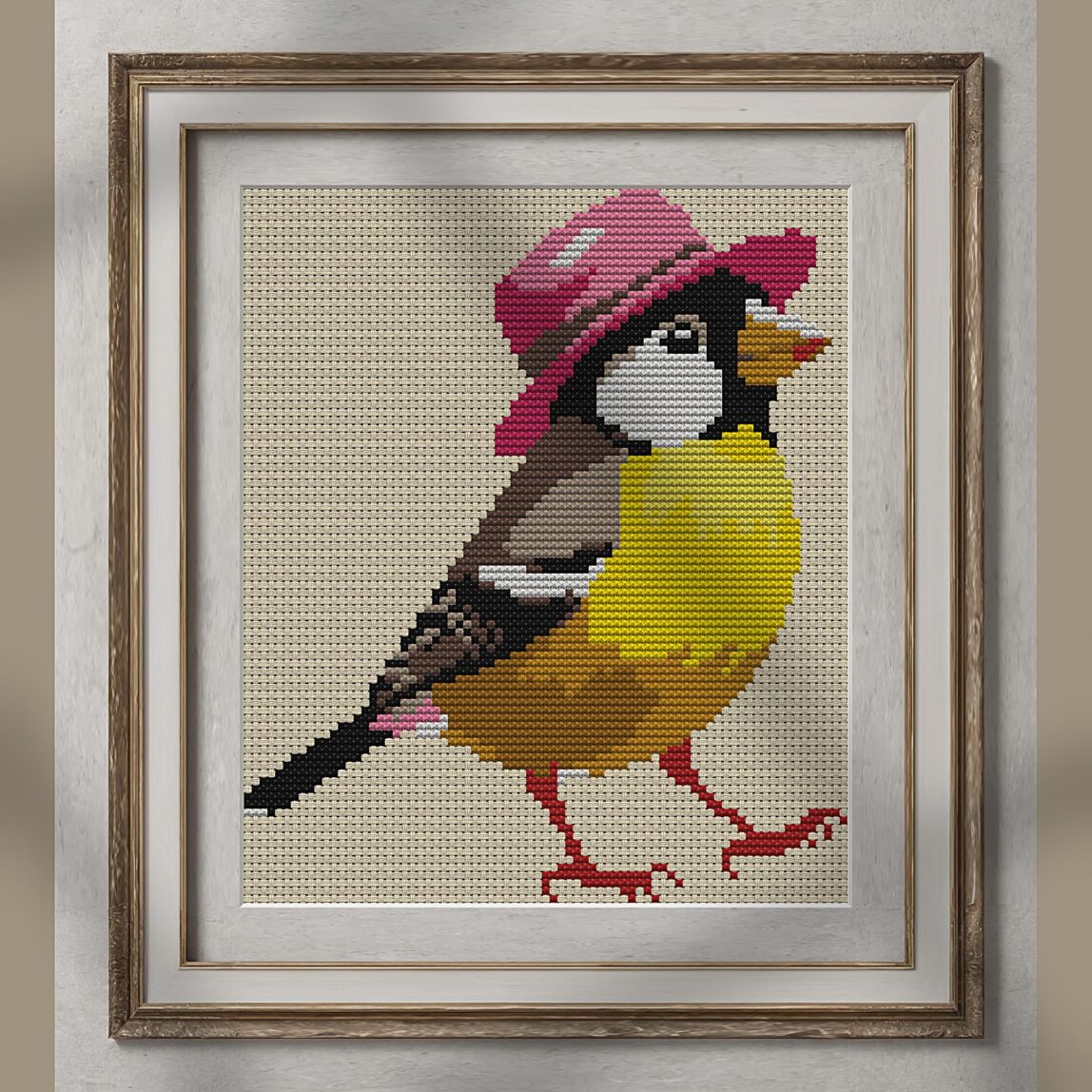 yellow-bird-pink-hat alternative framed mockup yellow-bird-pink-hat alternative framed cross stitch mockup, realistic finished embroidery presentation