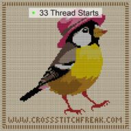 yellow-bird-pink-hat cross stitch start point map with highlighted thread start positions in the full design