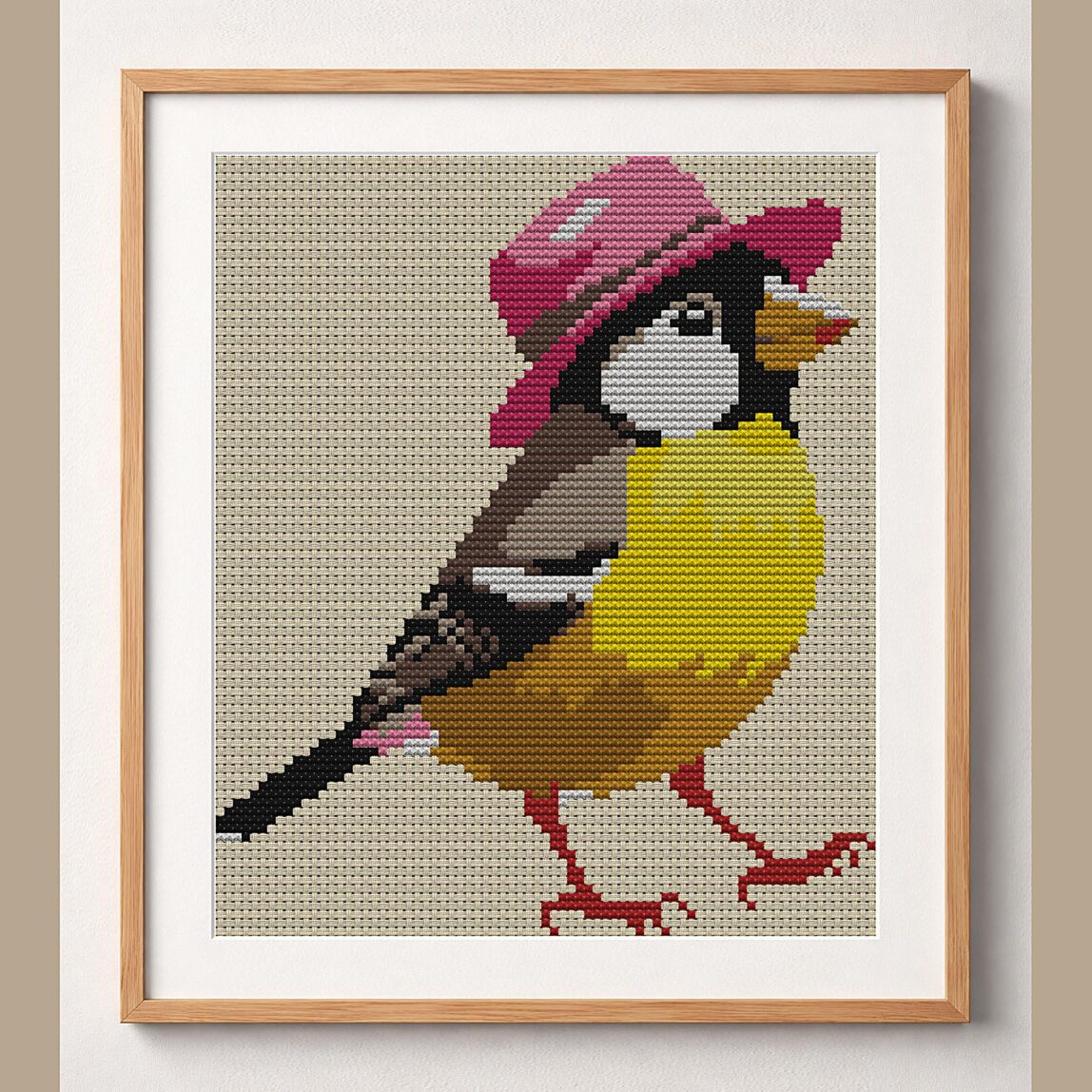 yellow-bird-pink-hat framed cross stitch mockup yellow-bird-pink-hat framed cross stitch mockup, realistic finished embroidery design, PDF pattern digital download