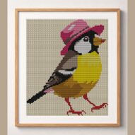 yellow-bird-pink-hat framed cross stitch mockup, realistic finished embroidery design, PDF pattern digital download