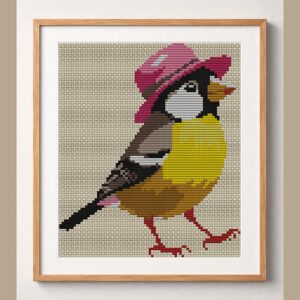 yellow-bird-pink-hat framed cross stitch mockup, realistic finished embroidery design, PDF pattern digital download