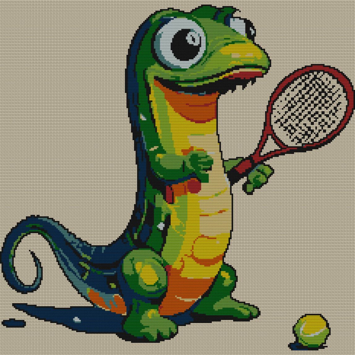 cute-lizard-tennis full design mockup without frame cute-lizard-tennis full cross stitch design mockup without frame, realistic embroidery preview