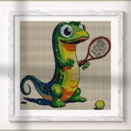 cute-lizard-tennis alternative framed cross stitch mockup, realistic finished embroidery presentation