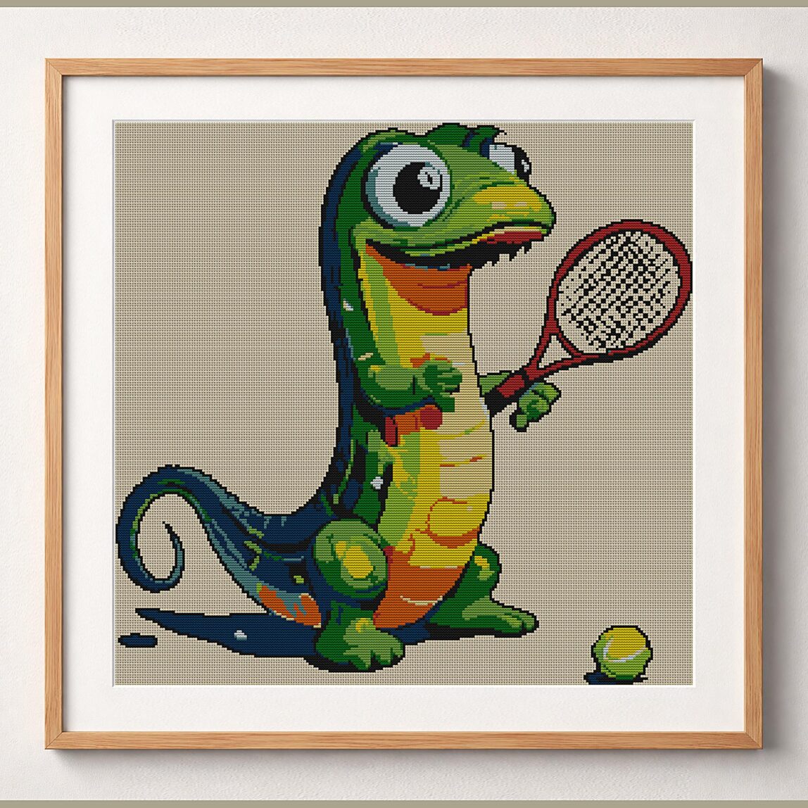 cute-lizard-tennis framed cross stitch mockup cute-lizard-tennis framed cross stitch mockup, realistic finished embroidery design, PDF pattern digital download