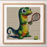 cute-lizard-tennis framed cross stitch mockup, realistic finished embroidery design, PDF pattern digital download