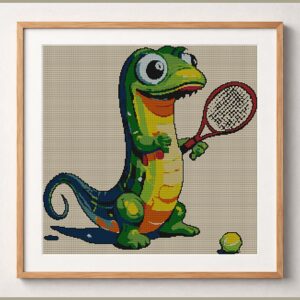 cute-lizard-tennis framed cross stitch mockup, realistic finished embroidery design, PDF pattern digital download